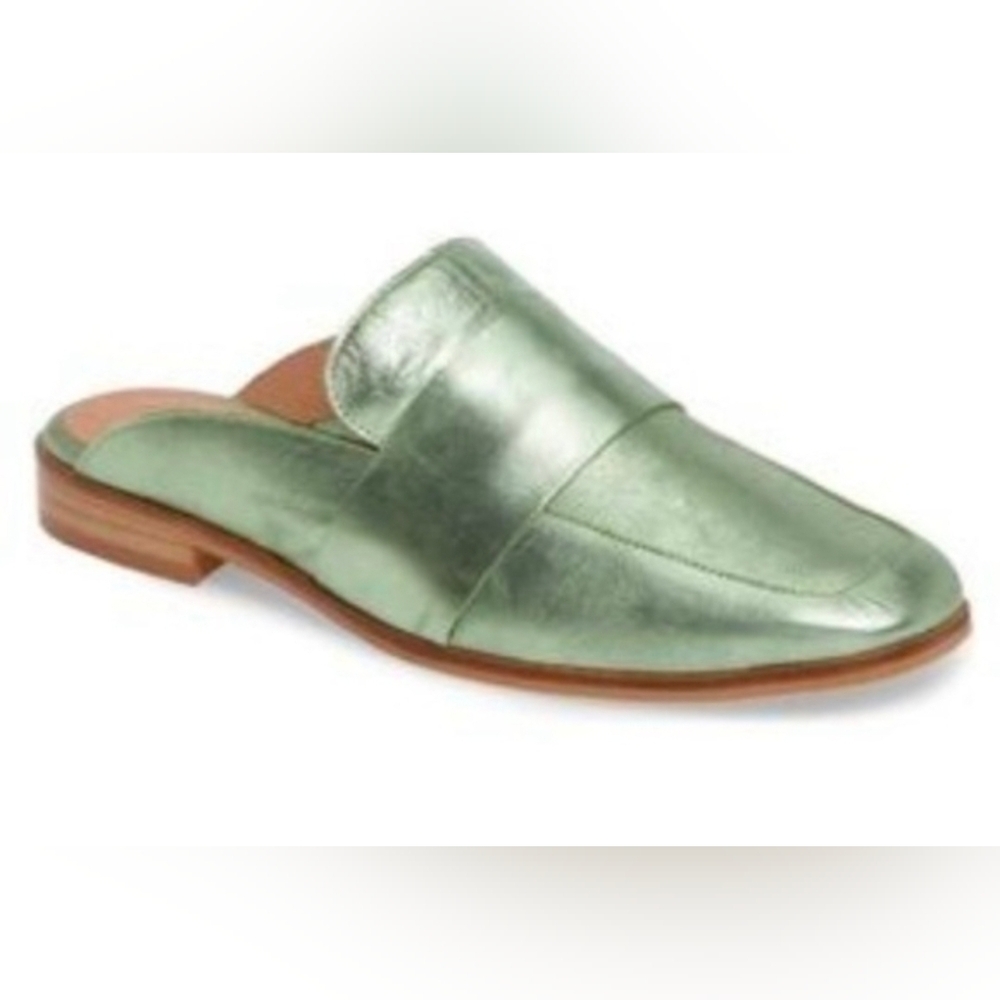 Free People At Ease Metallic Green Slip On Mules